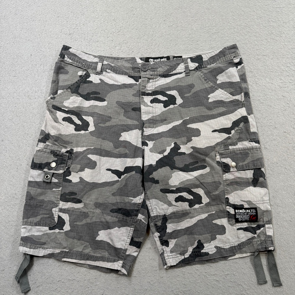 Ecko Unltd Cargo Shorts Men's 38 Gray Camo Ripstop Relaxed Fit Hunting Outdoor